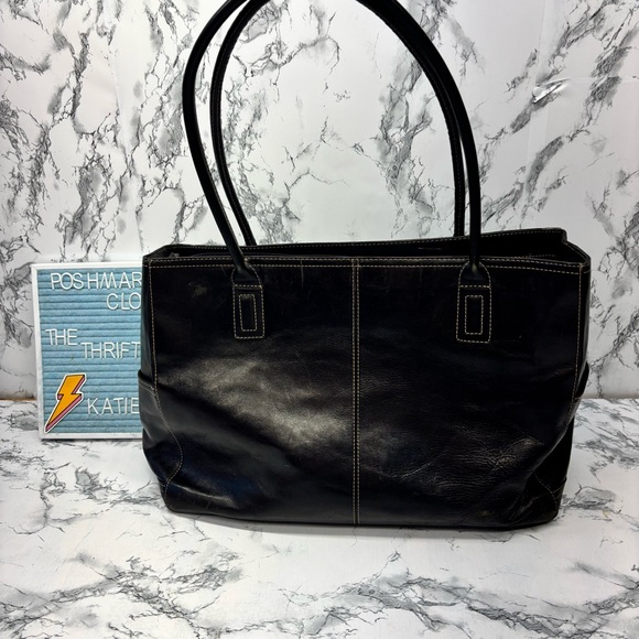 Fossil Black Leather Tote Computer Laptop Briefcase Bag with Top Handles Zipper - Picture 4 of 15